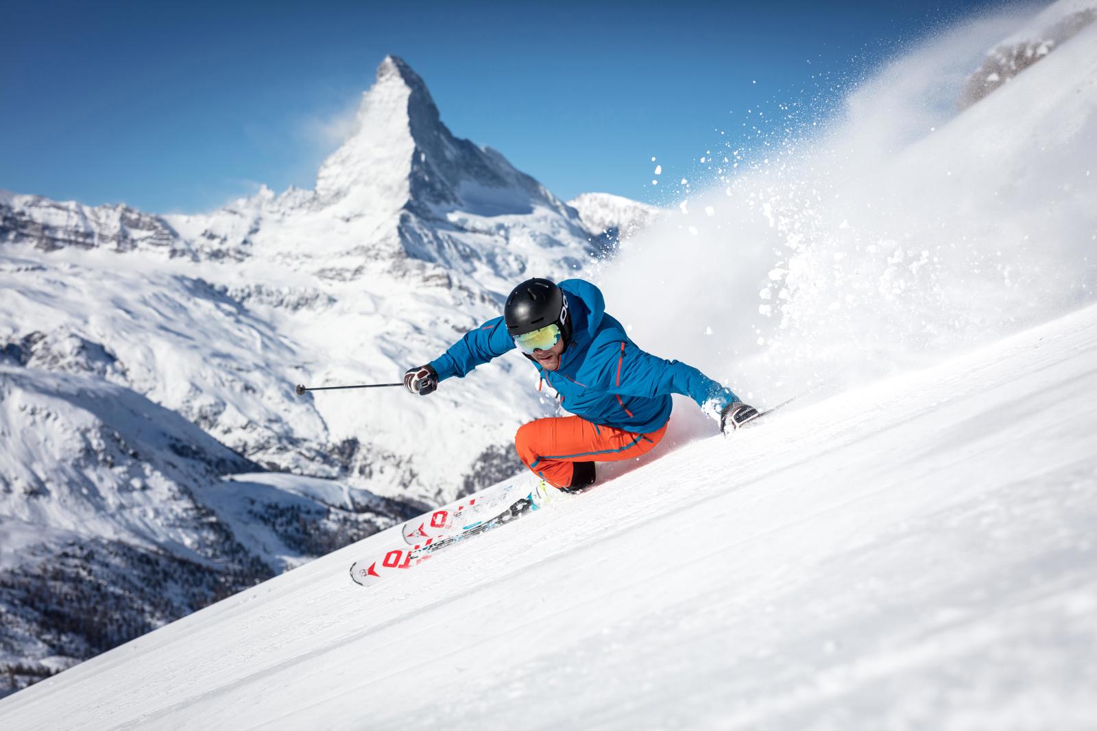 Zermatt Switzerland skier with Matterhorn